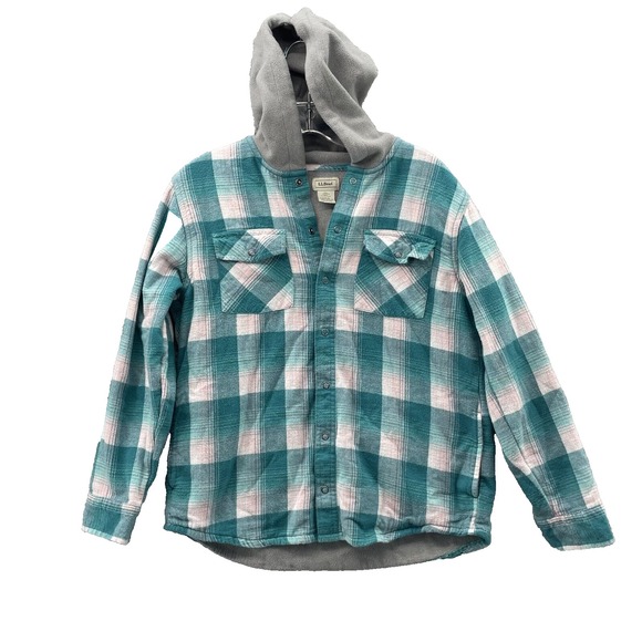 L.L.Bean Fleece Lined Flannel Shirt Kids‎ Large Green Plaid Outdoor Camp Shacket - Picture 1 of 11